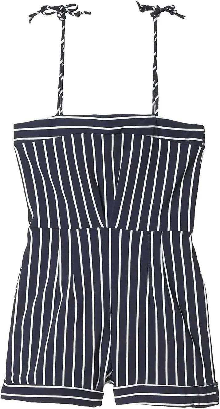 fiveloaves twofish Short Romper Girls Size 7 Navy White Striped Tie Shoulder